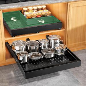 2 Pack Pull out Cabinet Organizer, Expandable Width(14"-24"), Depth(13"-24") with 3 Rails, Slide Out Drawers With Raising Pad for Framed Cabinets, with Adhesive Film for Cabinets in Kitchen, Black
