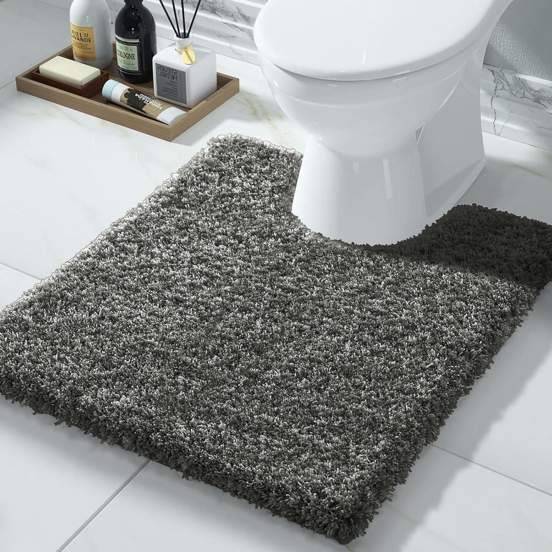Yimobra Toilet Rugs U Shaped 24x20", Ultra Soft and Water Absorbent Bath Mats, Non Slip Fluffy Luxury Microfiber Contour Bath Rugs for Toilet, Dry Quick, Machine Washable, Light Gray and Black Gray