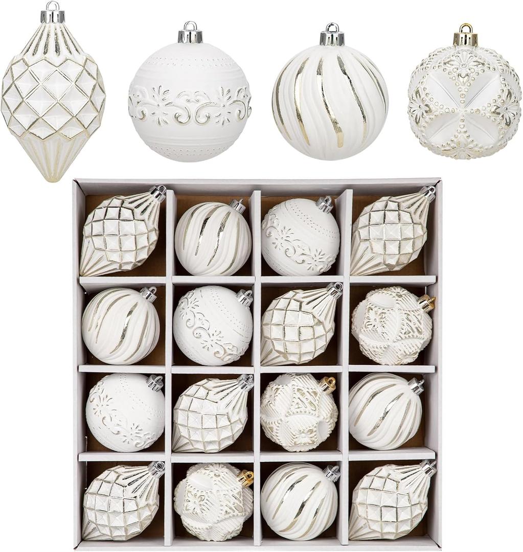 16PCS Shatterproof Christmas Ball Ornaments Set, Hand-Painted Holiday Decor with Assorted Sizes & Designs for Christmas Tree Thanksgiving Party Decoration, Champagne-White