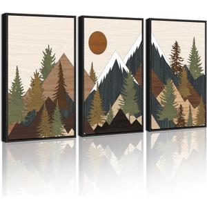 KUVIOKE Morden Mountains Framed Wall Art Boho Pine Tree Forest Nature Landscape Artwork Bohemain Farmhouse Rustic Bedroom Living Home Decor 16x24in (Black Framed) (Wooden Mountain Sunrise)
