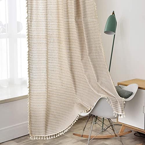 ColorBird Striped Semi-Blackout Window Curtains 2 Panels Farmhouse Style Cotton Linen Darkening Curtains with Tassel Rod Pocket Window Drapes for Dining Living Bedroom (52" W x 84" L, 1 Pair, Beige)