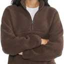 Yioaga Fleece Sweatshirts for Women Cropped Long Sleeve Half Zip Pullover Sherpa Jacket Warm Fuzzy Coats with Pockets, L