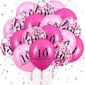RUMIA Pink 18Pcs 10th Birthday Balloons: Hot Pink & Pink, 12 Inch, Latex, Confetti, Unisex Kids & Adults