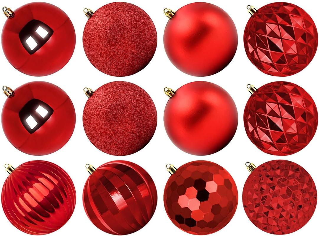 Extra Large Size Outdoor Christmas Ornaments, Oversized Huge Big Shatterproof Xmas Christmas Plastic Balls for Outside Lawn Yard Tree Hanging Decorations (4"/100mm, Red, 12 Packs)