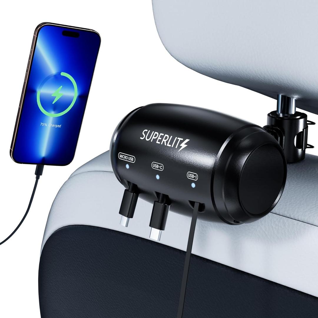 SUPERLIT 3-in-1 Retractable Backseat Charging Station Box  Fast Car Charger for All Phones (iPhone, Samsung, Android)  Headrest Mount for Uber, Lyft, Turo, Taxi, Rideshare Drivers (2 FT - Standard)