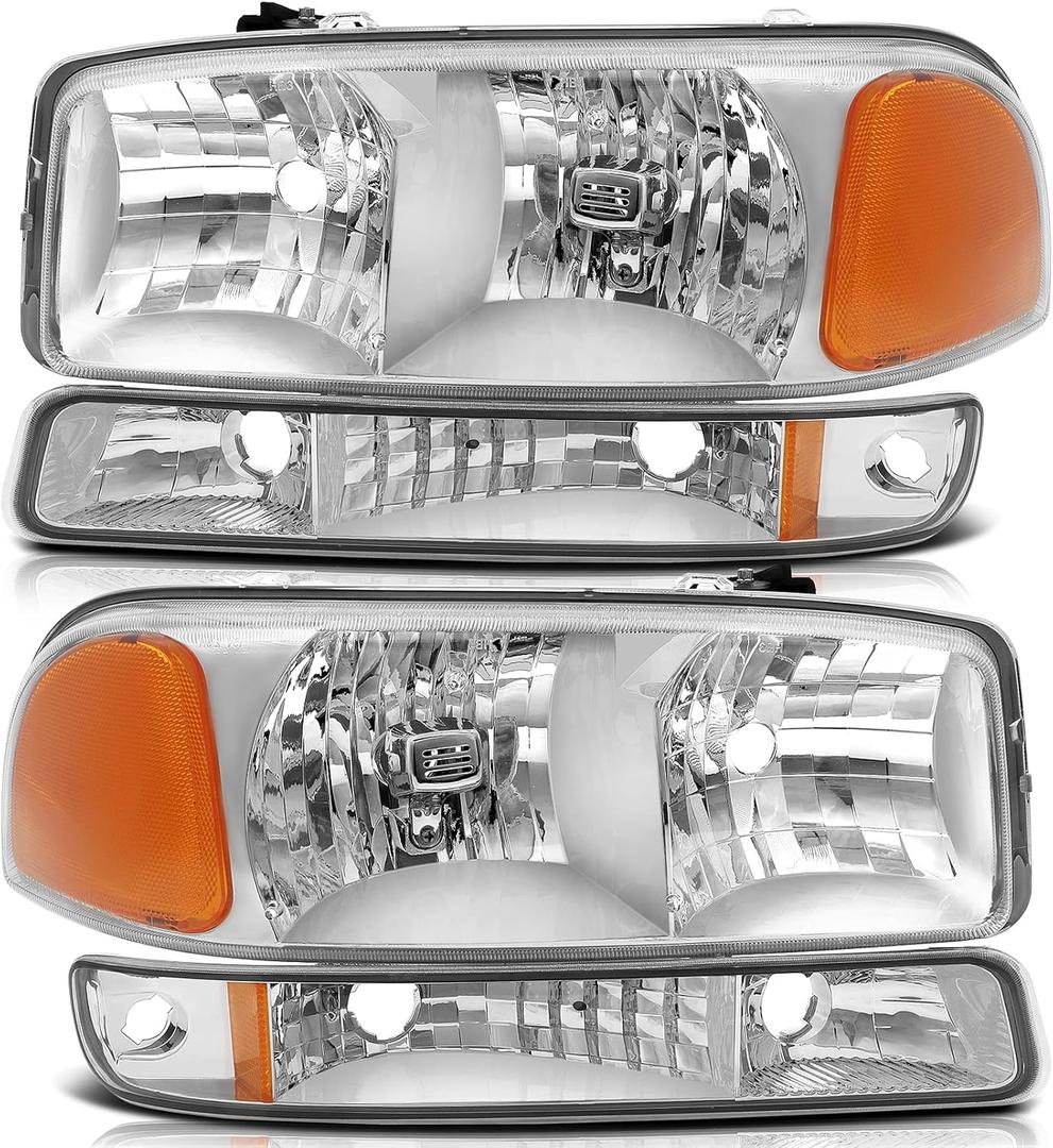 Headlight Assembly for GMC Sierra 1500 1999-2006 for GMC Sierra 1500 Classic 2007 Chrome Housing Amber Reflector Clear lens Driver and Passenger Side Headlamp