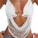 Women's Crochet Halter Crop Tank Top Open Back Tie Metal Ring Rave Sexy Y2K Going Out Tops for Women Party Club (White, S)