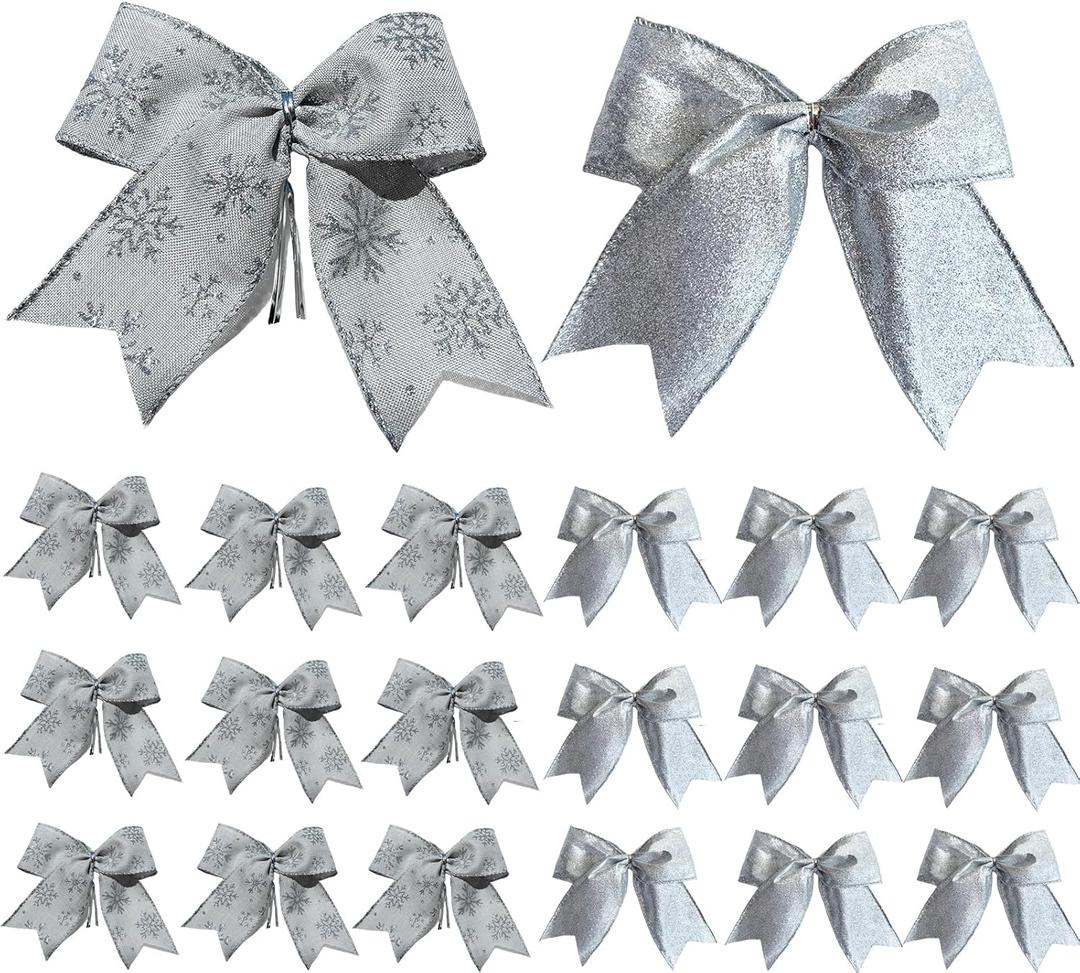 20 Pcs 6 Inch Christmas Bows, Silver Ribbon Bows for Xmas Tree Decor, Tie Bows Wreath Ornament, Wedding Party, Home Indoor Decorations Bulk