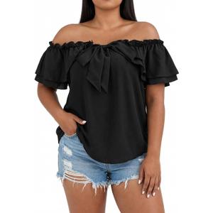 MakeMeChic Women's Plus Size Off Shoulder Tops Ruffle Short Sleeve Blouse Summer Tie Front Outfits, size 5XL+ (Black)