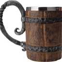 Wooden Barrel Beer Mug, Wood Bucket Style Beer Stein with Handle, Stainless Steel Double Wall Tankard Cocktail Mug for Bar Restaurant, Vintage Restaurant Renaissance Accessories (18 oz)