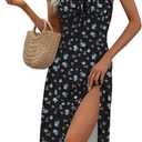 Bonkwa Women Summer Floral Midi Dresses Sleeveless Ruched Bust High Waist Casual Dress Sundress Long Dresses Slit Cami Dress (Medium)