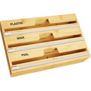 SpaceAid WrapNeat 3 in 1 Wrap Organizer with Cutter and Labels, Plastic Wrap, Aluminum Foil and Wax Bamboo Dispenser for Kitchen Storage Organization Holder for 12" Roll (Natural, 3-Slot)