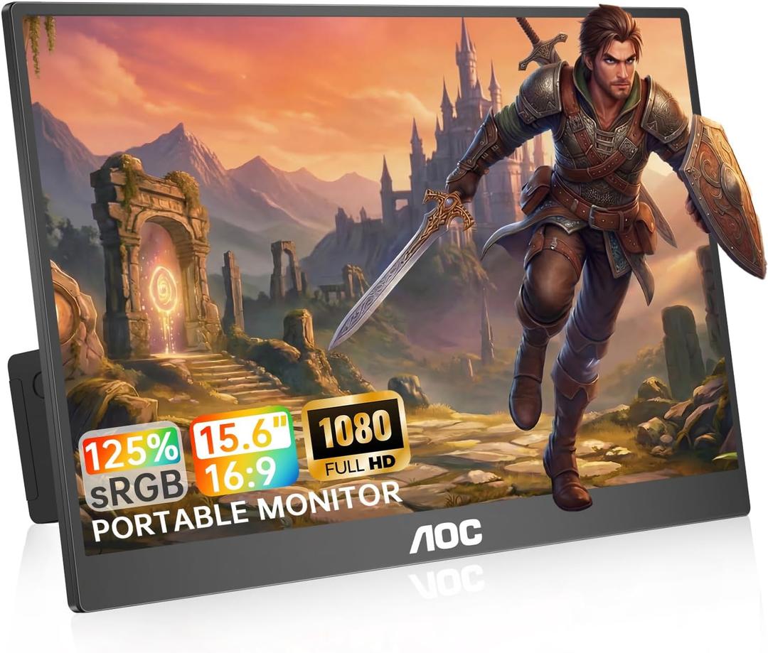 AOC Portable Monitor 15.6'' FHD 1080P IPS 125% sRGB, USB-C HDMI Travel Monitor for Laptop, Ultra Slim External Second Screen for Work, Gaming, Mac, PS5, Xbox, Switch with Speakers & HDR, Black