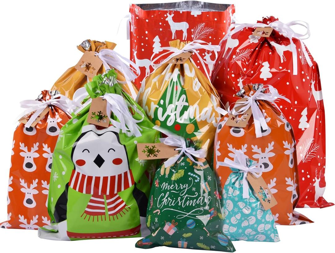 Drawstrings Christmas Gift Bags Assorted Sizes, 34Pcs Holiday Gift Bag Bulk Christmas Bags For Gifts, Reusable Plastic Xmas Presents Wrapping Bags Favor Goody Bags Jumbo/Extra Large/Medium/Small Size
