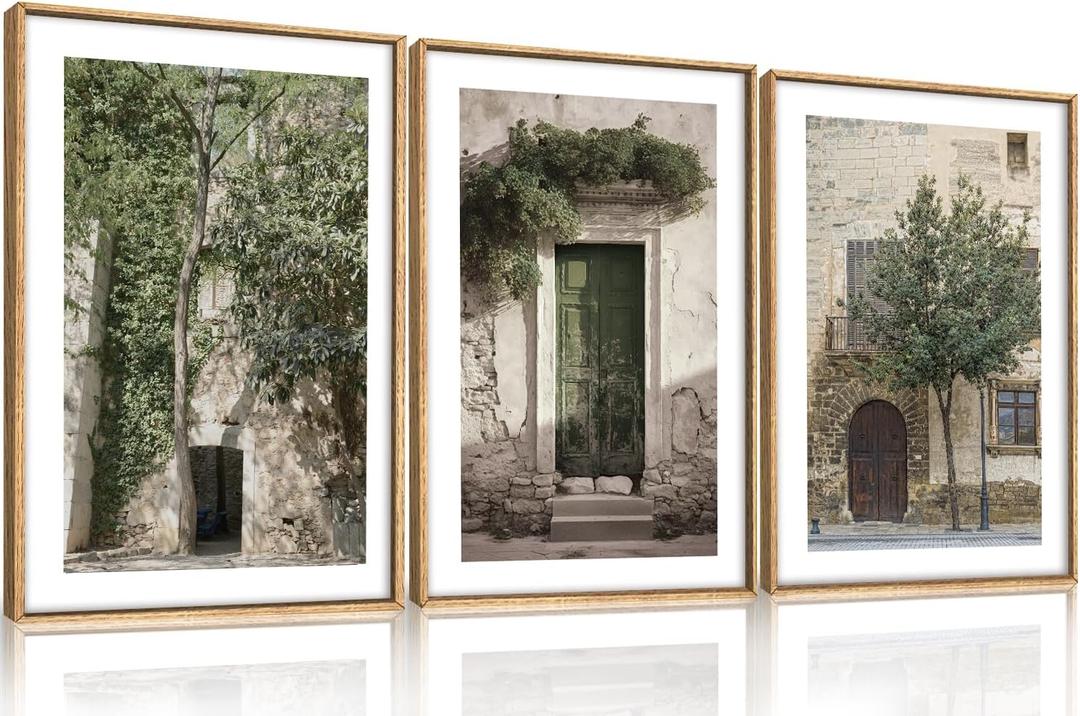 HOURIA Large Vintage Italy City Landscape Framed Canvas Wall Art Set,Green Olive Tree Old House Wall Decor,Malta Modern Minimalist Country Farmhouse Art Print for Living Room,Bedroom,Office- 24"x36"x3