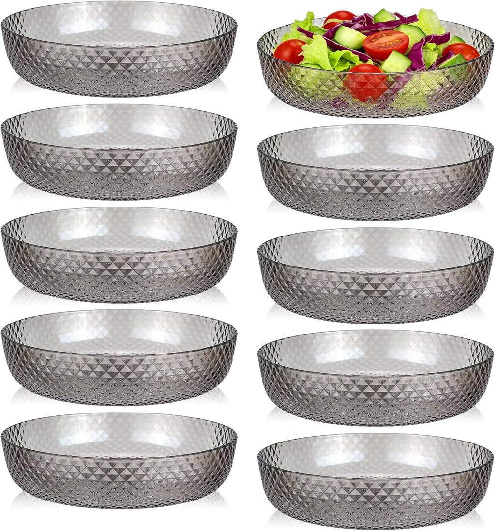 10 Pack Clear Plastic Serving Bowls 10 Inch Large Elegant Diamond Pattern Salad Mixing Bowl Plastic Buffet Serving Bowls for Vegetable Fruit Salad Candy Chip Popcorn Snack (Grey), 10 x 10 x 2.2 inch/25 x 5.5 x 5.5 cm