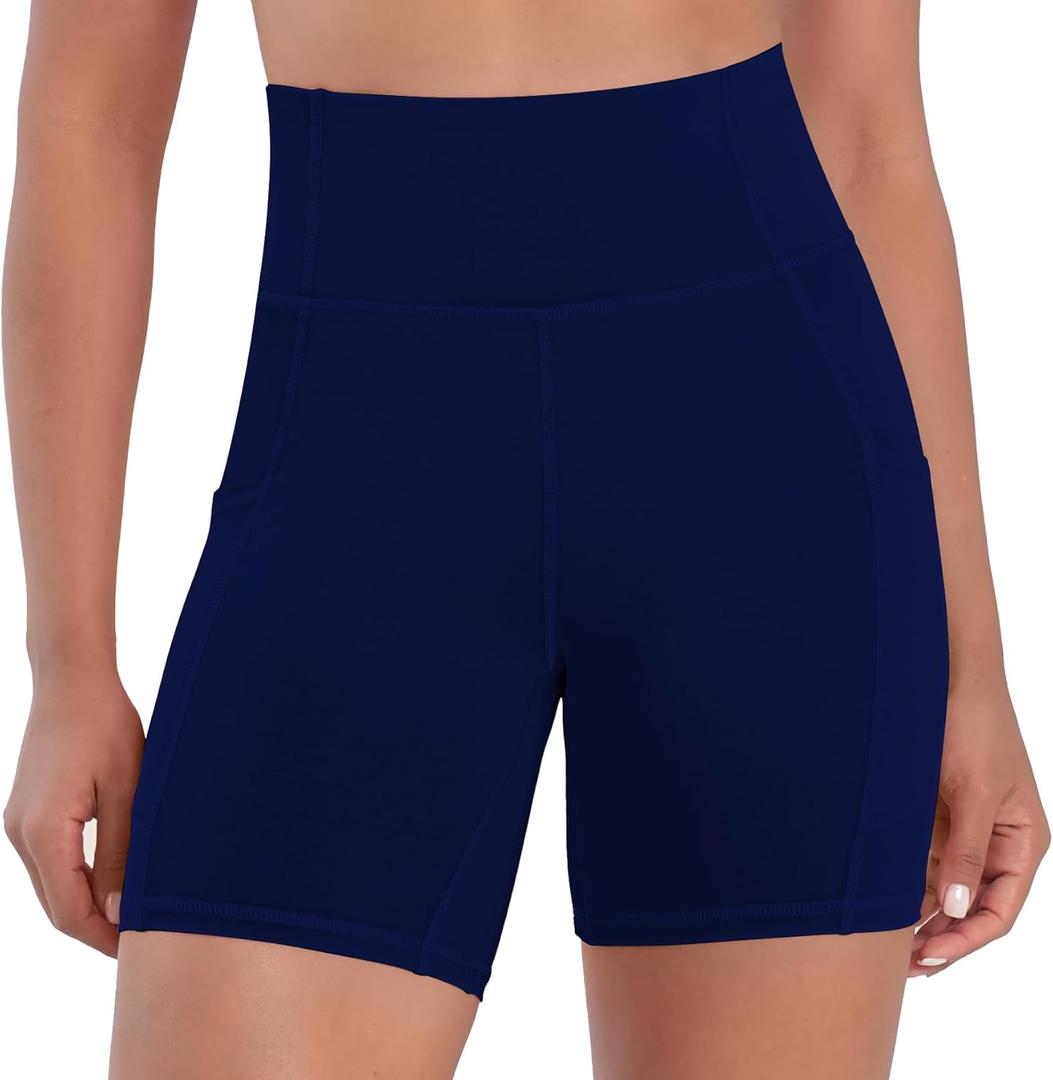 Biker Shorts Women High Waisted Tummy Control Yoga Workout Shorts with Pockets for Fitness Athletic Running Gym (Blue, XL)