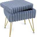 Vanity Stool Chair with Storage, Faux Fur Soft Padded Ottoman with Coffee Table, Modern Vanity Chair Fluffy Footstool with Metal Legs for Makeup, Living Room,Bedroom Blue