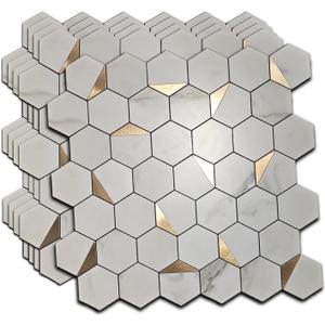 Hexagon Peel and Stick Backsplash Tiles, White Marble with Gold Accents, Waterproof PVC, 10 Sheets, Self-Adhesive Mosaic for Kitchen, Bathroom, Fireplace (10, Golden)