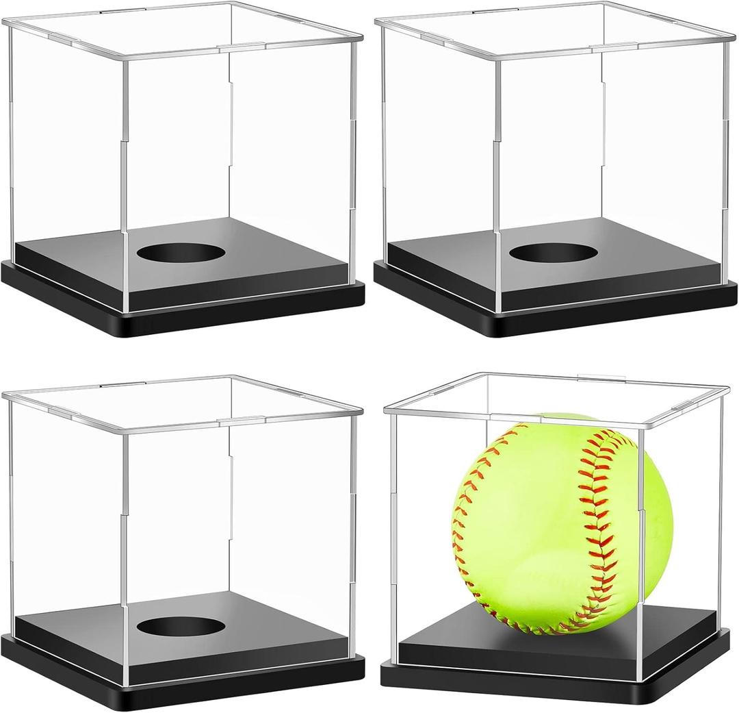Leinuosen 4 Packs Softball Display Case Plastic Softball Holder Stand Baseball Display Case Memorabilia Acrylic Box UV Protected Clear Cube for Baseball Tennis Ball Sports Ball Storage