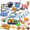 105Pcs Kids Kitchen Toy Accessories, Toddler Pretend BBQ Camping Cooking Playset, Play Pots, Pans, Utensils Cookware Toys, Play Food Set, Vegetables, Learning Gift for Girls Boys (Blue)