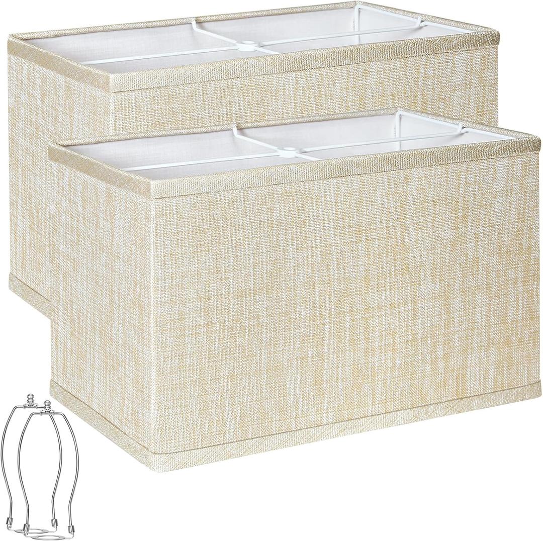 Rectangle Lamp Shades Set of 2, Champagne Beige Lamp Shades for Table Lamps, 16"L x 8"W x 10"H, Natural Linen Fabric Replacement Lampshades for Floor Lamp, Spider, Harp Holders Included, Easy Assembly