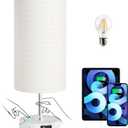 3-Way Dimmable Bedside Touch Lamp - USB-C and USB-A Ports, Faux Marble Base, White Shade with Silver Thread, Includes 8W LED Bulb for Bedroom, Living Room, Desk