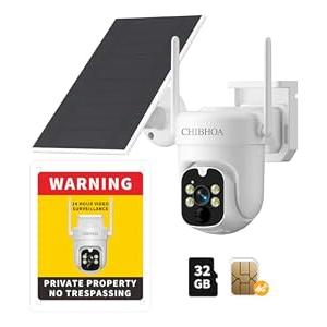 CHIBHOA 4G LTE Solar Security Camera - No WiFi Cellular Outdoor Camera with 2K Color Night Vision, PIR Motion Detection, 2-Way Audio, Siren Alarm, 360° Live View, SIM Card & 32GB SD Card Included