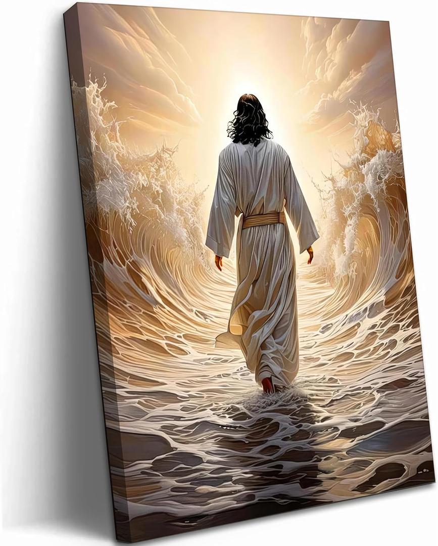 Abstract Jesus Walking on Water Canvas Wall Art Christian Bible Stories Spiritual Wall Decor Pictures Divine Light Modern Religious Poster Prints Artwork for Living Room Bedroom Church Prayer Room (16''Lx12''W)