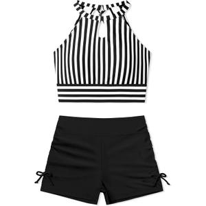 Girls Swimsuits Tankini Striped Halter Neck Cute Bathing Suits Swim Shorts 2 Piece Sets (11-12 Years, Black+stripes)