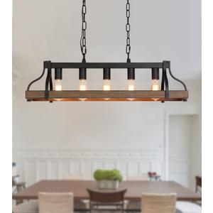 MEIXISUE Rustic Kitchen Island Dining Room Light Fixture Farmhouse Linear Chandelier Black and Retro Wood Finish 5-Light Industrial Metal Hanging Pendant Light UL Listed L33.5 W10.6