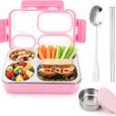 Homaze Kids Stainless Steel Bento Lunch Box, 4-Compartment Food Container with Condiment Cup, Chopsticks and Spoon, Leak-Resistant (Pink)