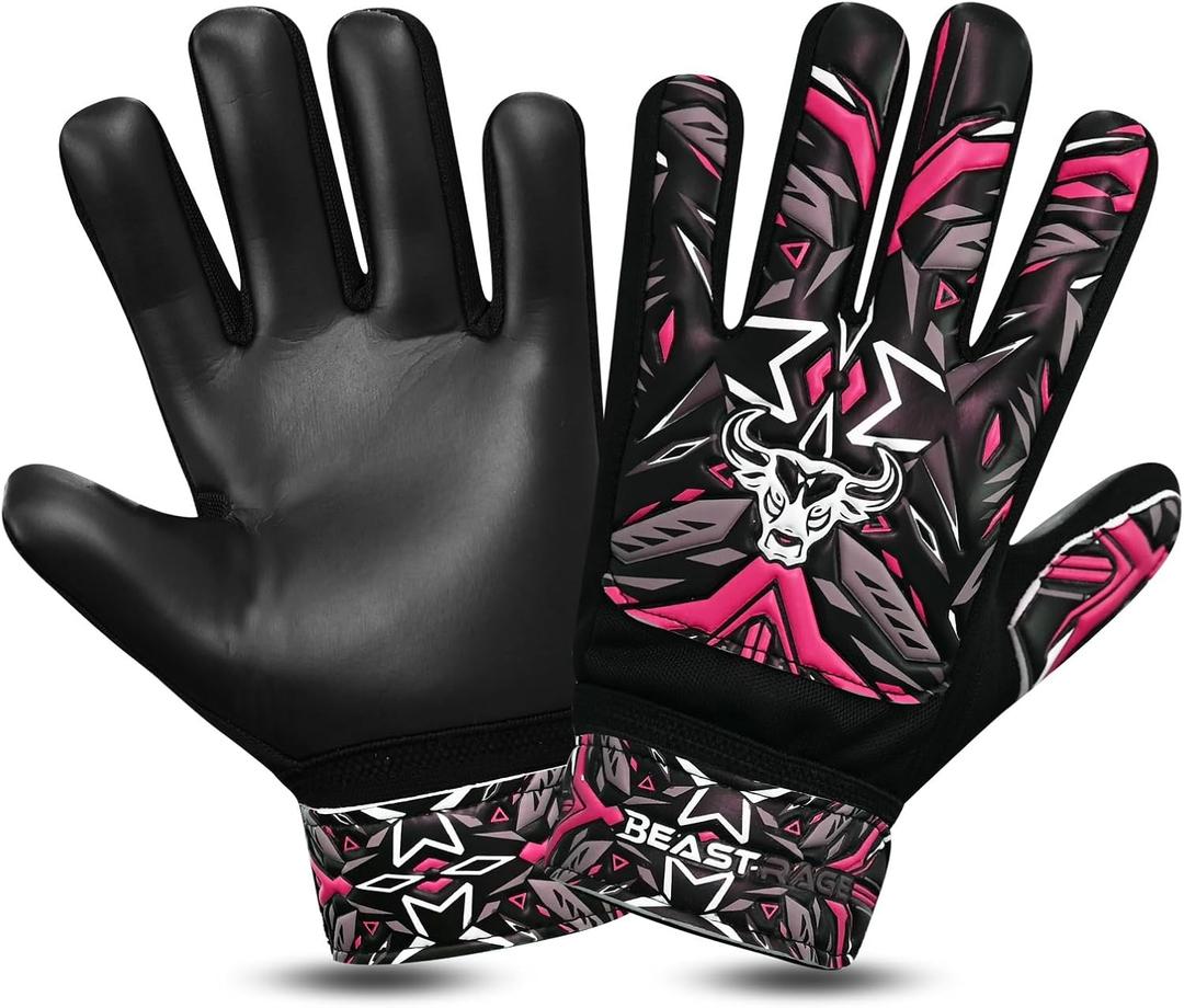 BEAST RAGE Goalkeeper Gloves for Boys Kids Youth Football Keeping Soccer Goalie Gloves with Strong Grip for Ball Receiver,Wrist Support 4MM Latex Palm (Size 3 - fit for 5 to 6 Years Old, Pink)