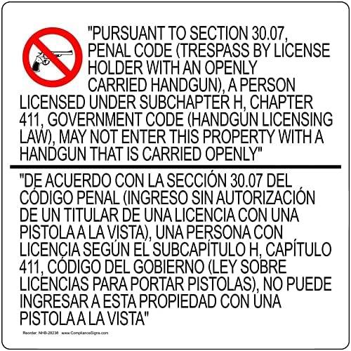 ComplianceSigns.com Texas 30.07 Concealed Carry Bilingual Window Cling, 24" x 24"
