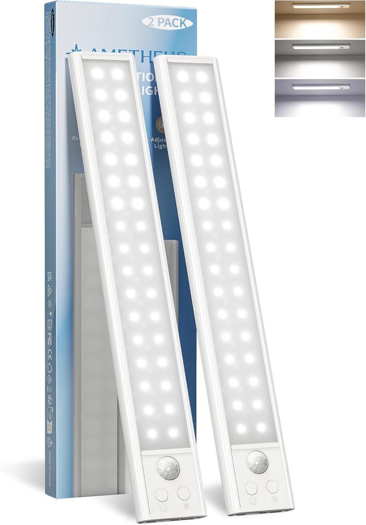 Under Cabinet Lights, Motion Sensor Light Indoor, Wireless Closet Lights, 2200mAh Rechargeable, Magnetic, 3 Color Temps, 5 Levels Dimmable, Under Counter Lights for Kitchen (2 Pack)