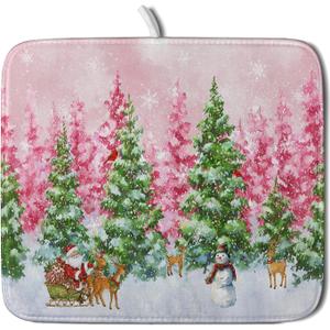 Santa Claus Dish Drying Mats for Kitchen Counter Watercolor Forest Decoration Coffee Mat for Table Decor (18" x 16")