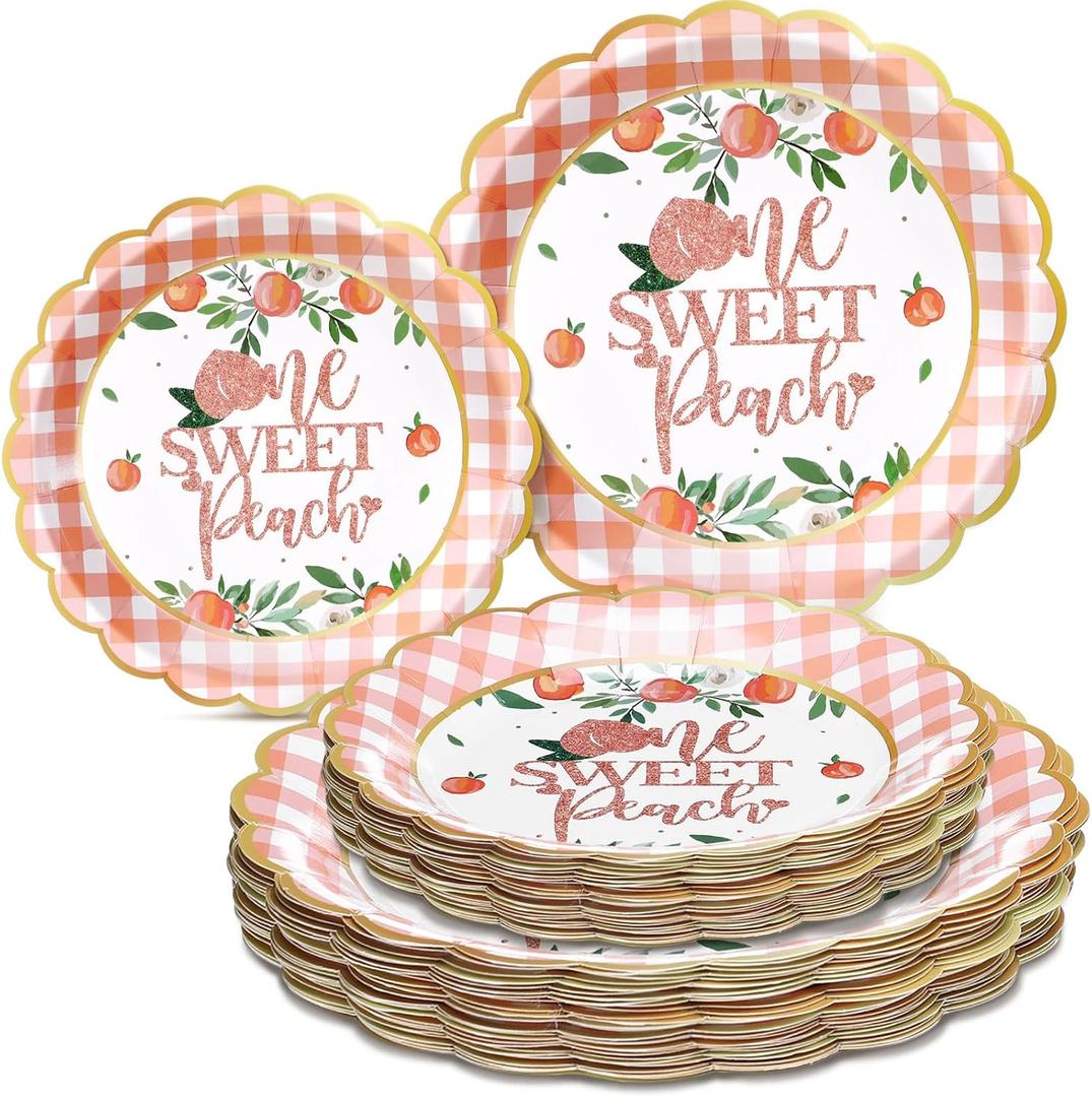 Havawish 60 Pcs One Sweet Peach 1st Birthday Decorations Paper Peach Plates Disposable Paper Plates Fruit Summer Party Supplies for 1st Birthday Baby Shower