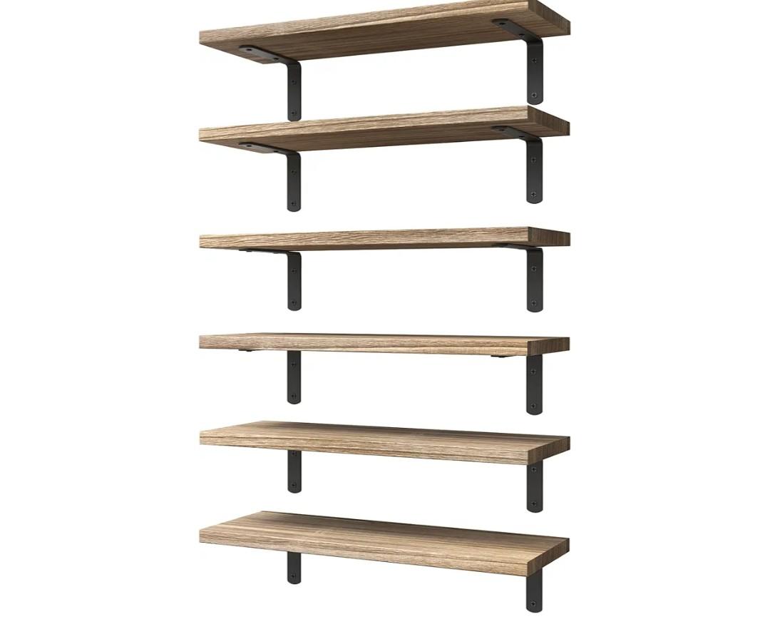 WOPITUES Wood Floating Shelves Set of 6, Shelves for Wall Decor, Farmhouse Shelf for Bedroom, Bathroom Storage Shelves, Book Shelves for Living Room - Rustic Brown