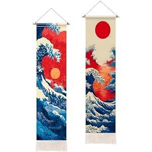 BVBOX 2 PCS Vertical Tapestry 13"x51", Landscape Floral Aesthetic Tassel Long Tapestry for Living Room and Bedroom