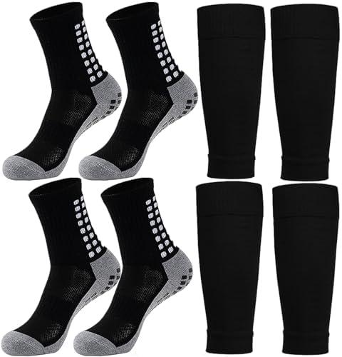 KMOLY 1 Set Kids Grip Soccer Socks and Shin Guard Sleeves for Age 7-14 Youth Boys Children Football Basketball Training