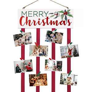 NEWLIGHTURE Christmas Card Holder Display with 24 Clips, Wooden Hanging Merry Christmas Sign, Holiday Card Display for Wall or Door Christmas Décor