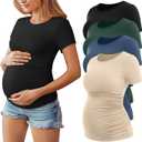 Huukeay 4 Pack Women's Maternity Shirts, Crew Neck Maternity Top Short Sleeve Casual Cotton Tee Side Ruched Pregnancy Clothes, Black, Apricot, Haze Blue, Dark Green, Large