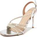 HARENCE Heels for Women Stilettos Sandals: Square Open Toe Strappy High Heeled Ankle Strap Rhinestone Dress Shoes for Wedding Prom Party Bridesmaid (Silver), 40.5