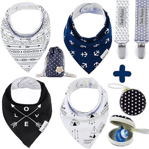 Dodo Babies Bandana Drool Bib Set Baby Essentials - 8-Piece Set Blue/Black/White - 4 Bibs, 2 Binky Clips & Pacifier Case - Cotton w/Polyester Lining & Adjustable Snaps 3-24 Months