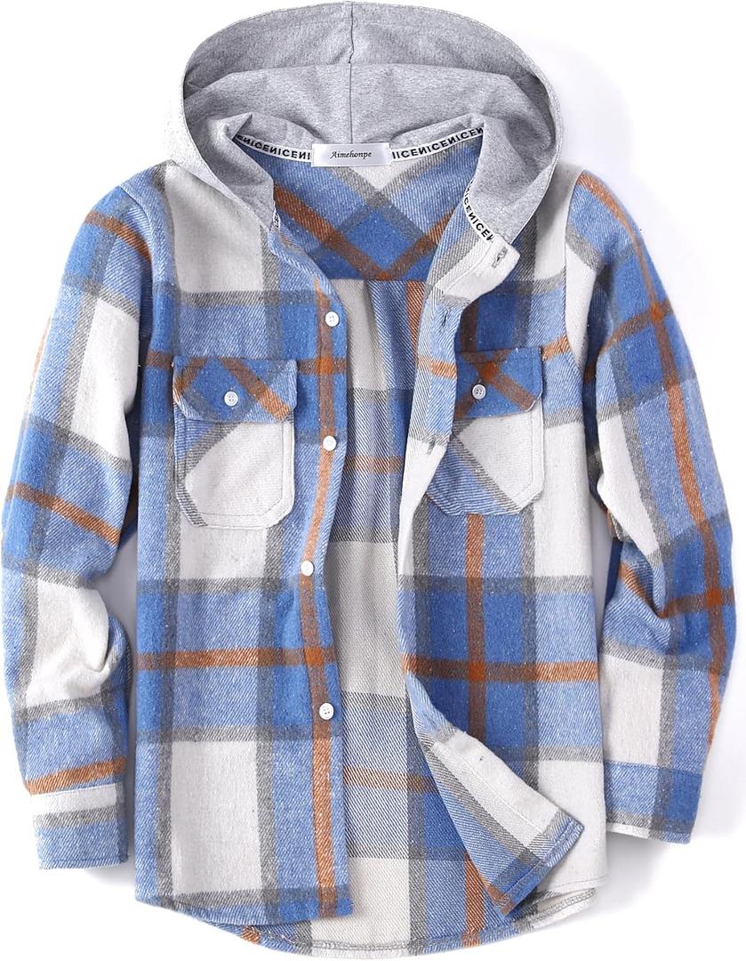 Boys Girls Casual Flannel Plaid Hoodies Spring Fashion Button Down Shirts Long Sleeve Cute Lightweight Jacket Coats (5-6 Years, Blue Orange)