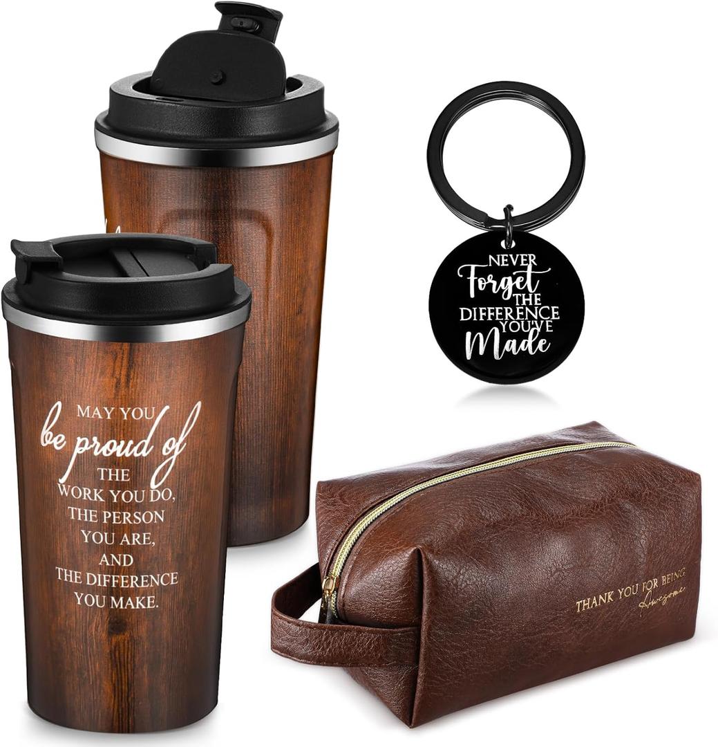 Roshtia Thank You Gift for Men 17 oz Stainless Steel Tumbler with Lid Leather Toiletry Bag Inspirational Keychain Team Gift for Male Employee Teacher Birthday(Wood Grain)