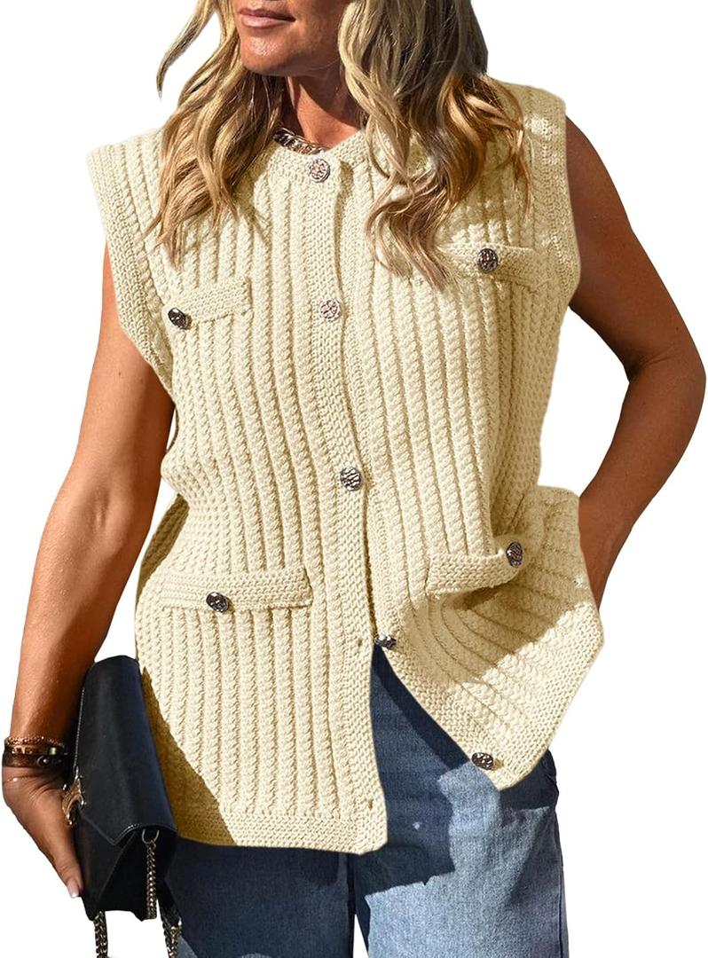 Saodimallsu Womens Sleeveless Sweater Vest Button Up Cable Knit Crew Neck Trendy Casual Loose Summer Cardigan (Medium, Beige)