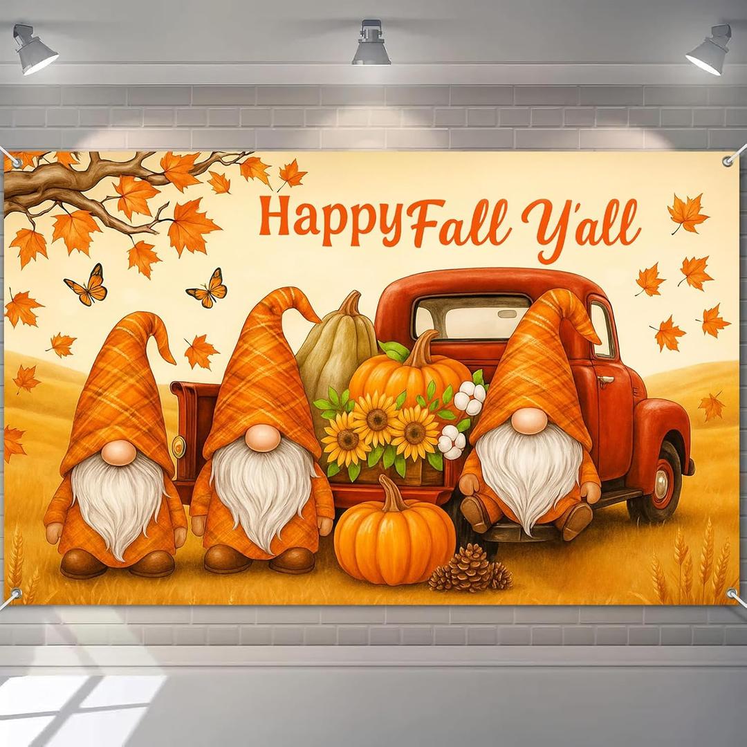 2 x Fall Gnome Backdrop Happy Fall Yall Pumpkin Red Truck Autumn Harvest Banner Sunflower Cotton Background 71x43 Inches Rustic Farmhouse Thanksgiving Indoor Outdoor Party Decoration