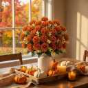 4 Pcs Fake Mums Artificial Flowers for Outdoors, Fall Faux Mums for Outdoor Planters, Burnt Orange Pumpkin Vibrant Autumn Orange Silk Chrysanthemum Fall Flowers for Decoration Home, 24 Heads
