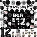 Holkcog 12th Birthday Party Decorations, Happy 12th Bday Bruh Banner Bankground, Black Number 12 Foil Ballons & Cupcake Topper, Hanging Swirls, Black Happy 12 Years Old Party Supplies